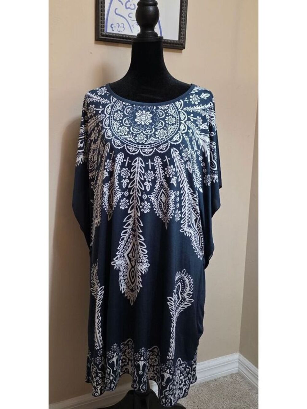 Cristinalove Blue and White Patterned Dress with Belt, Size XL